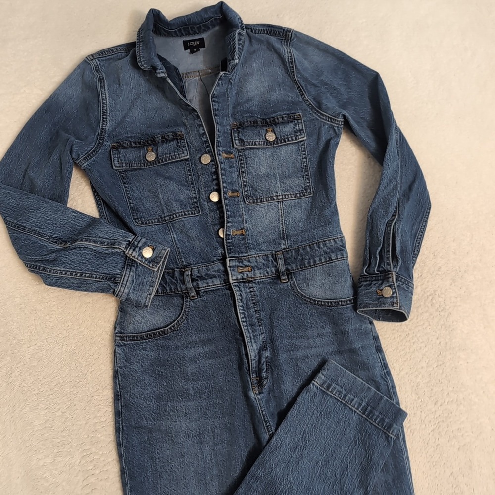 New women's 2 J Crew Factory denim collared utility jean jumpsuit Stretch